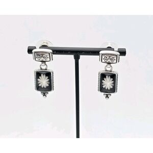 BRIGHTON 'Water Lily' Earrings 3D Black White Flower Rectangle Dangle Gorgeous!!